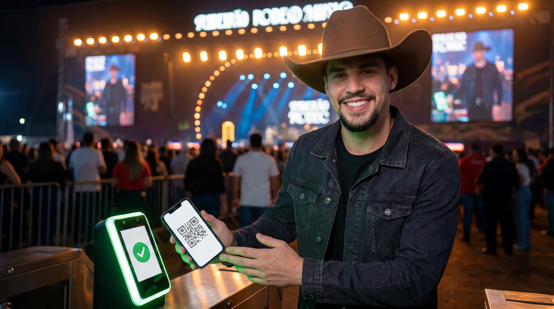 Check-in por QR Code em evento ao vivo, com palco iluminado ao fundo